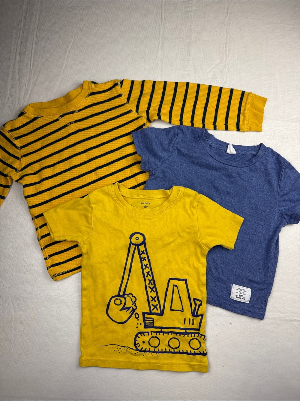 Carter's Yellow Blue Stripped Waffle Knit Yellow Excavator Shein Blue Tee 4T